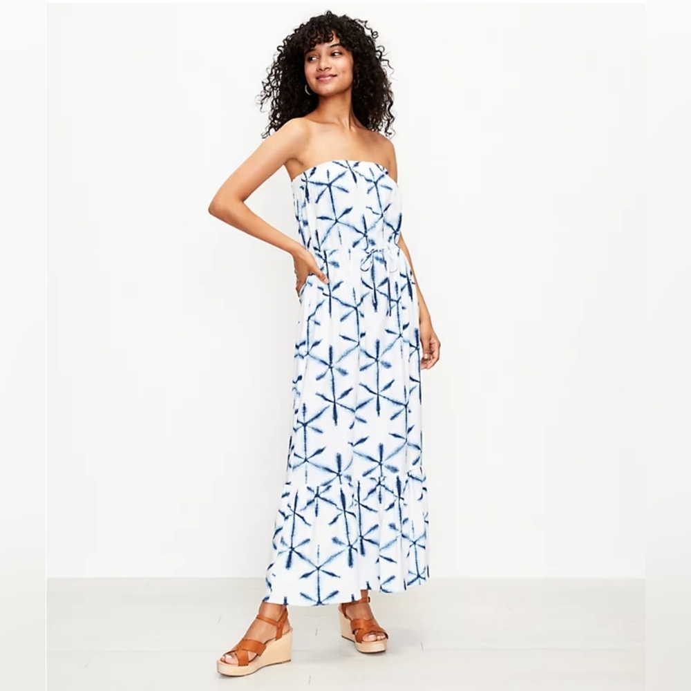 Loft White Blue Star Tie Dye Strapless Drawstring Maxi Dress‎ Size XS